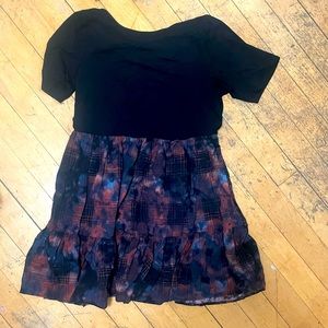 Torrid dress with a black top and blue, purple, and red rye dye skirt.